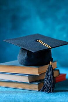 graduación gorra en apilar de vistoso libros en azul antecedentes representando académico logro. foto