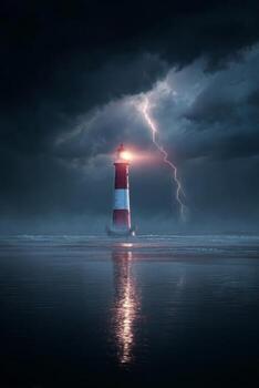 Dramatic Lighthouse Illuminated by Lightning During an Intense Storm at Night photo