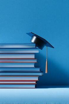 Graduation Cap Placed on a Stack of Colorful Books Against a Blue Background. photo