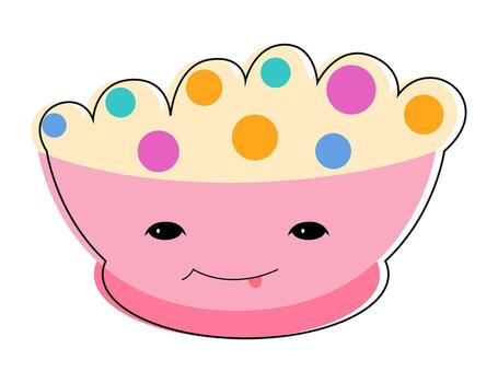 A cartoon bowl of cereal with colorful dots on it. The bowl is smiling and has a tongue sticking out. vector