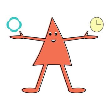 A cartoon character is holding a clock and a flower. The character is smiling and he is happy. vector