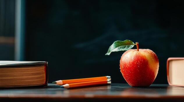 Fresh Apple Placed Next to Pencils and Books on a Classroom Desk During School Hours photo