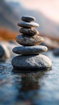 Balanced Rock Stack in Tranquil Waters Under Soft Sunlight at a Serene Location photo