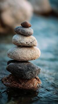 Stacked Stones Balanced Carefully in a Tranquil River Setting During Golden Hour. photo