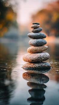 Balanced Rock Stack in Tranquil Waters Under Soft Sunlight at a Serene Location. photo