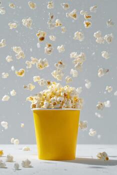 Popcorn Bursting From a Yellow Cup in a Playful Display on a Light Background. photo