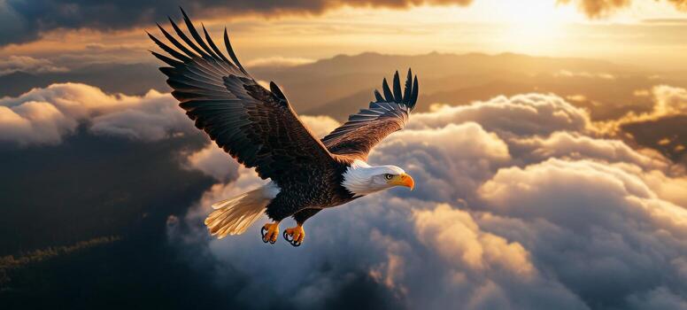 Majestic Eagle Soaring Above Mountains During Sunset With Clouds in the Background. photo