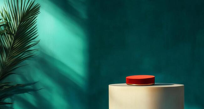 Stylish Red Button on a Cylindrical Pedestal Against a Vibrant Turquoise Background With Palm Leaves photo
