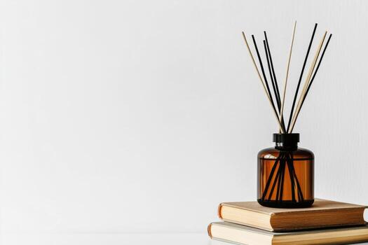 Decorative Diffuser and Stacked Books Create a Cozy Atmosphere in a Modern Setting photo