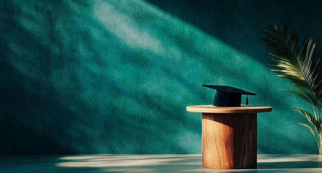 Stylish Red Button on a Cylindrical Pedestal Against a Vibrant Turquoise Background With Palm Leaves. photo