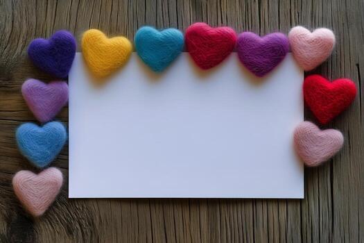 Colorful Felt Hearts Arranged Around a Blank Card on a Wooden Table photo