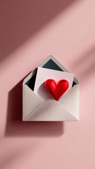 Heart Shaped Decoration in White Envelope on Pink Background photo