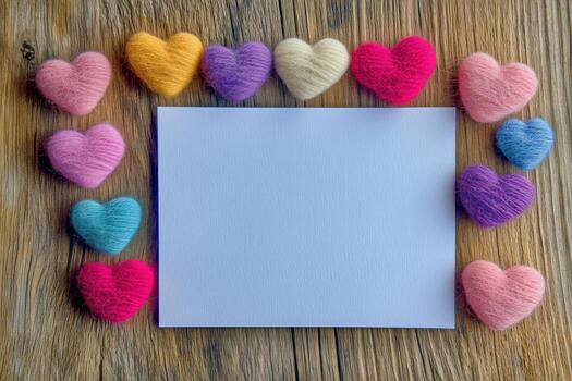 Colorful Felt Hearts Arranged Around a Blank Card on a Wooden Table. photo