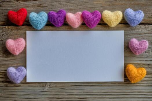 Colorful Felt Hearts Frame Blank Paper on a Wooden Table for Crafting or Messages photo
