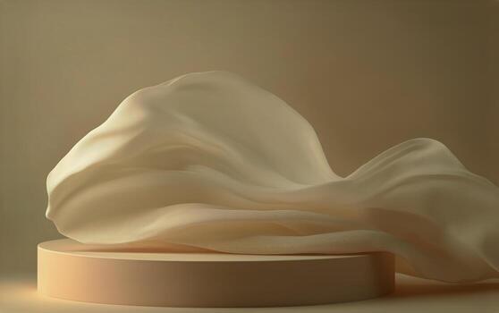 Elegant Fabric Gracefully Drapes Over a Circular Pedestal in a Soft, Neutral-Toned Setting. photo