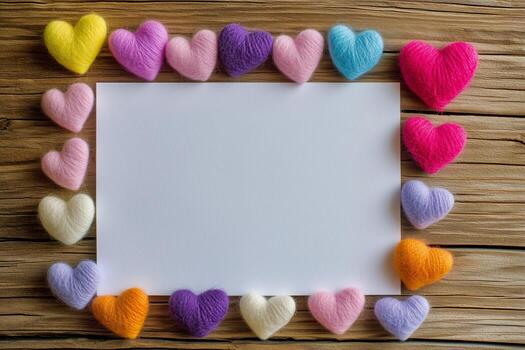 Colorful Felt Hearts Frame Blank Paper on a Wooden Table for Crafting or Messages. photo