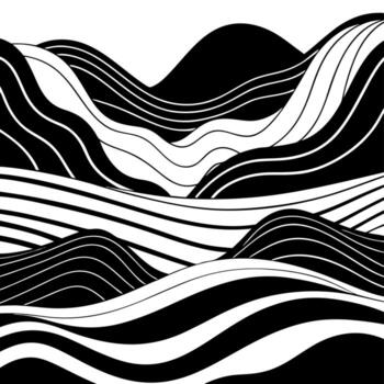 Minimalist black and white mountain landscape with flowing abstract wave patterns vector