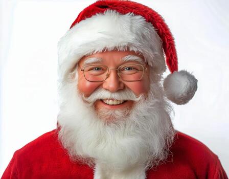 Cheerful Man Dressed as Santa Claus With a Big Smile and Festive Hat Against a Plain Background. photo