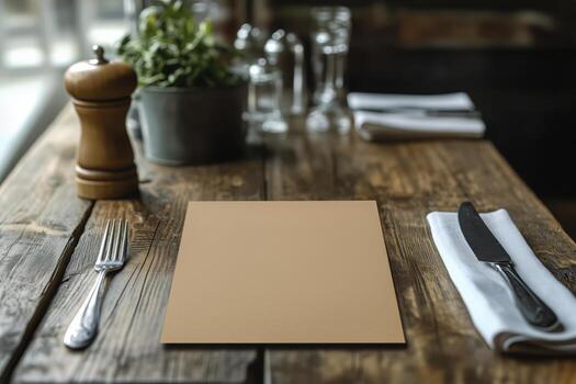 Empty Dining Table Set for a Meal With Cutlery and Napkin Ready for Guests photo