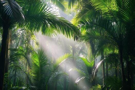 Lush Tropical Jungle With Sun Rays Penetrating Through Dense Green Foliage in a Serene Natural Setting photo