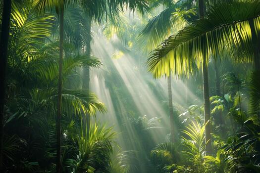 Lush Tropical Jungle With Sun Rays Penetrating Through Dense Green Foliage in a Serene Natural Setting. photo