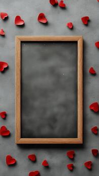 Red Hearts Surround a Blank Wooden Frame on a Gray Background for Decorations or Displays photo