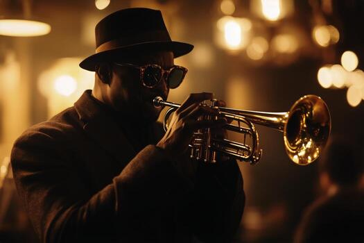 Musician Playing Trumpet in a Jazz Club During a Lively Evening Performance photo