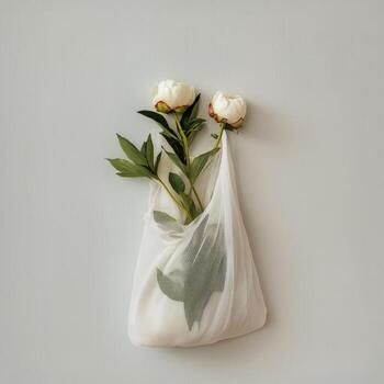 Flowers in a Mesh Bag Hanging on the Wall for a Simple and Elegant Home Decoration photo
