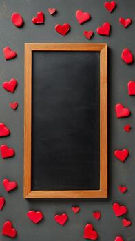 Red Hearts Surround a Blank Wooden Frame on a Gray Background for Decorations or Displays. photo