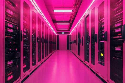 Bright Pink-Lit Data Center Corridor With Servers and Technology Equipment at Night photo