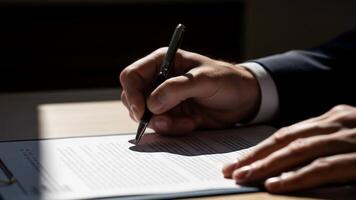 avvicinamento di mani firma documento nel formale ufficio ambientazione con penna e carta video