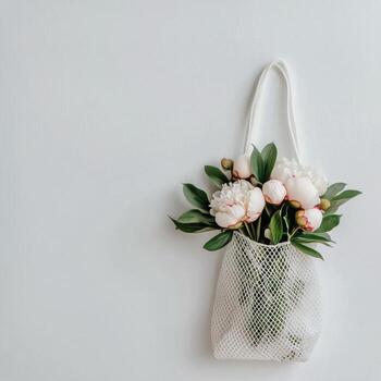 Flowers in a Mesh Bag Hanging on the Wall for a Simple and Elegant Home Decoration. photo