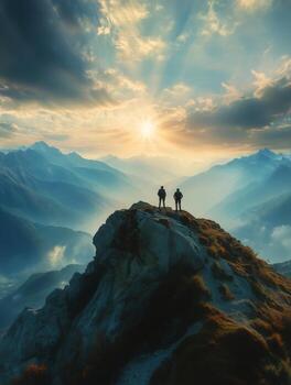 Hikers Enjoy Breathtaking Mountain View at Sunset With Rays of Light Shining Through Clouds. photo