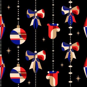 Navidad sin costura modelo en un moderno geométrico estilo con festivo elementos en un negro antecedentes. Perfecto para envase papel, saludo tarjetas, tela embalaje, y digital antecedentes. vector