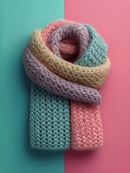 Soft and Cozy Knitted Scarf Wrapped With Care in Pastel Colors on a Colorful Background photo