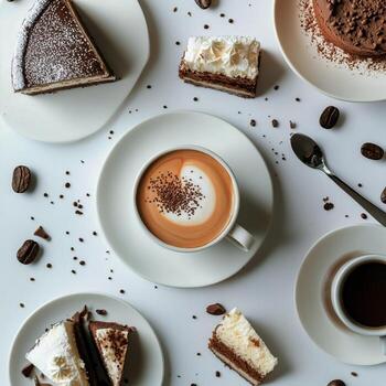Delicious Dessert and Coffee Setup on a White Table With Chocolate Cake and Pastries. photo