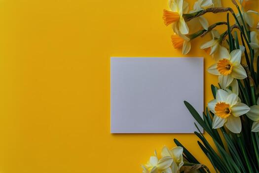 Bright Daffodils and a Blank Card on a Cheerful Yellow Background for Spring Greetings. photo