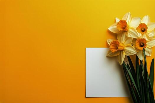 Bright Daffodils on Vibrant Yellow Background With Blank Card Ready for Messages photo