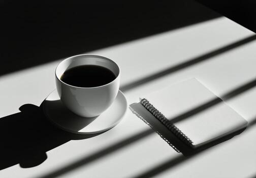 café taza y bloc en un mesa con suave oscuridad en un minimalista habitación ajuste. foto