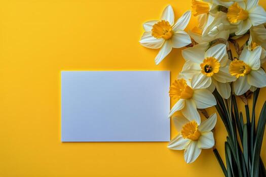 Bright Daffodils and a Blank Card on a Cheerful Yellow Background for Spring Greetings photo