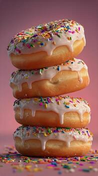 Colorful Stacked Donuts With Sprinkles in a Sweet Display on a Warm Background. photo