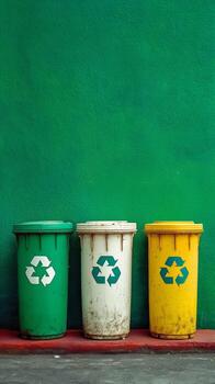 Colorful Recycling Bins on a Green Wall in a Public Space During Daytime photo