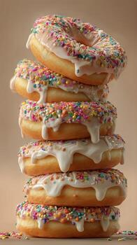 Sweet and Colorful Donuts Stacked on a Pink Background With Sprinkles and Glaze. photo