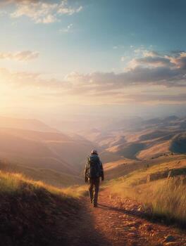 caminante explorador un escénico Valle a puesta de sol dentro escabroso montaña terreno. foto