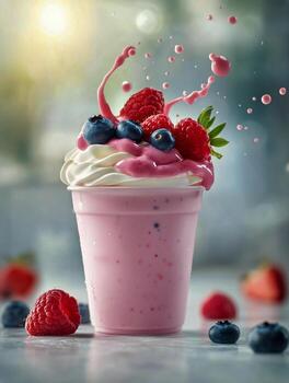 Delicious Berry Frosty Treat With Colorful Toppings and Splashes in a Summer Setting photo