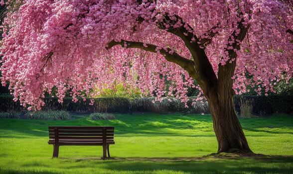 primavera escena con un floreciente Cereza árbol y un pacífico banco debajo vibrante rosado flores foto