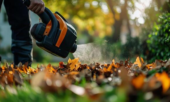 Autumn Cleanup With a Leaf Blower in a Sunny Garden. photo