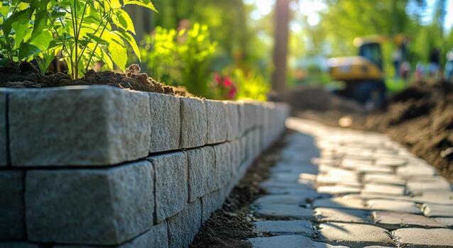 Landscaping Project With Stone Pathway and Colorful Plants in a Sunny Outdoor Setting photo