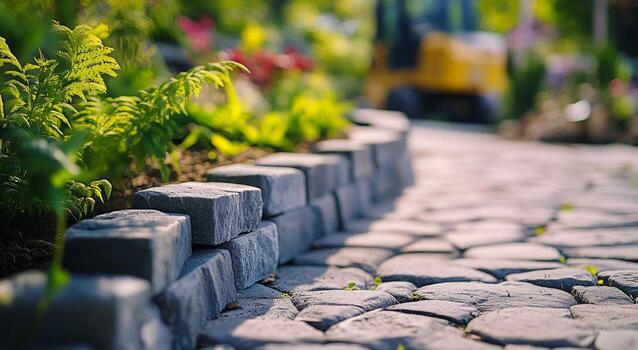 Garden Pathway With Stone Borders and Green Plants During Sunny Day photo