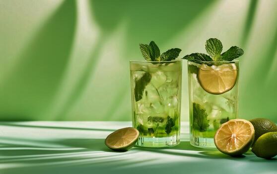 Refreshing Mojitos Served in Tall Glasses With Lime and Mint on a Green Background photo